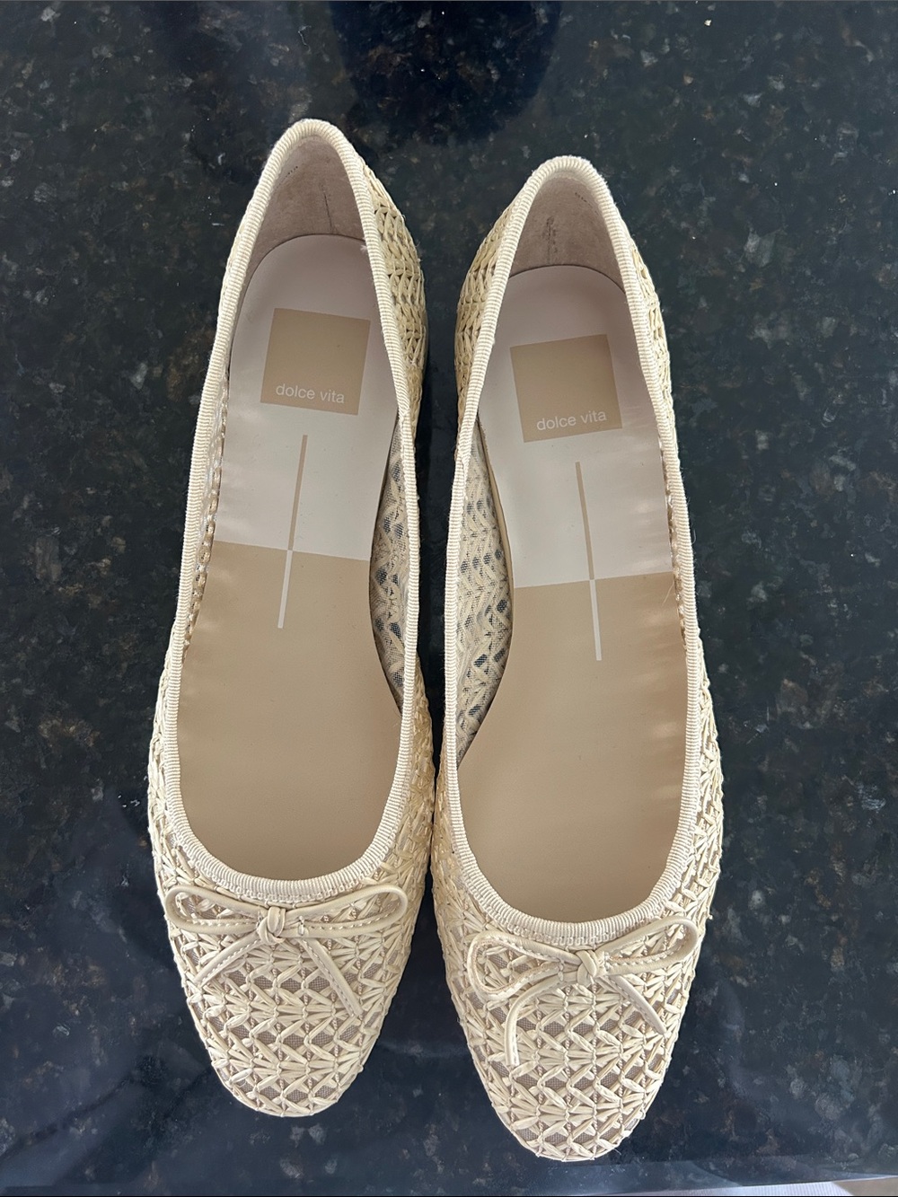 Dolce Vita Cream Woven Pointed-Toe Flats with Bow Detail